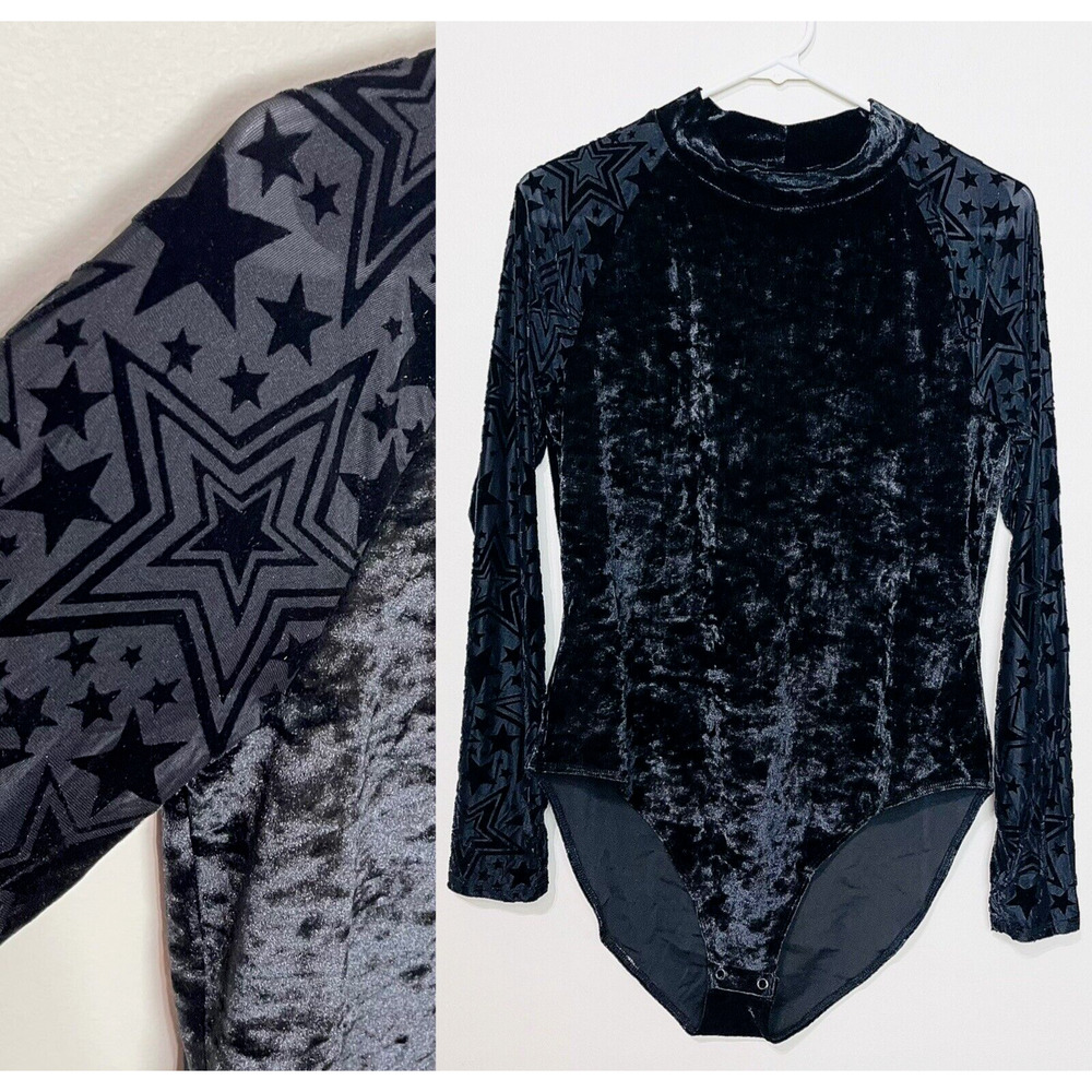 Wavy Teens Misses Body Suit Velvet Star Printed Long‎ Sleeve Bodysuit XL Black
